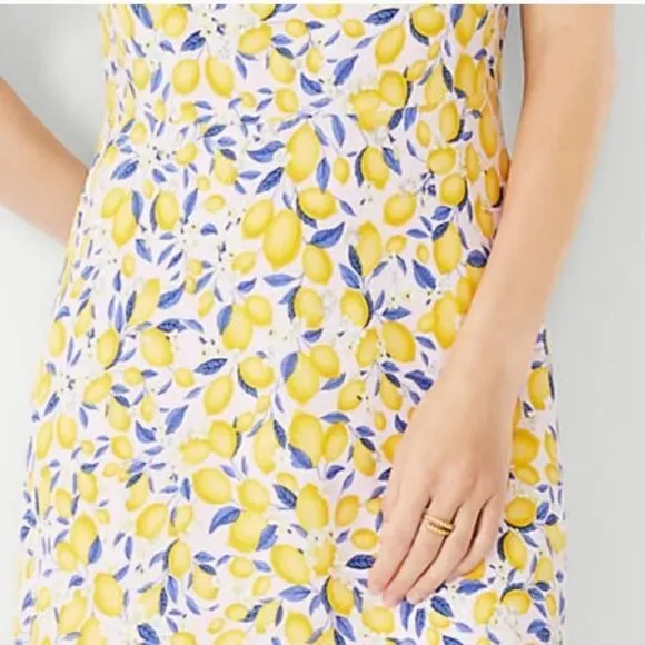 Ann Taylor Yellow Lemon Print Maxi Dress with Blue Leaves - Picture 2 of 14